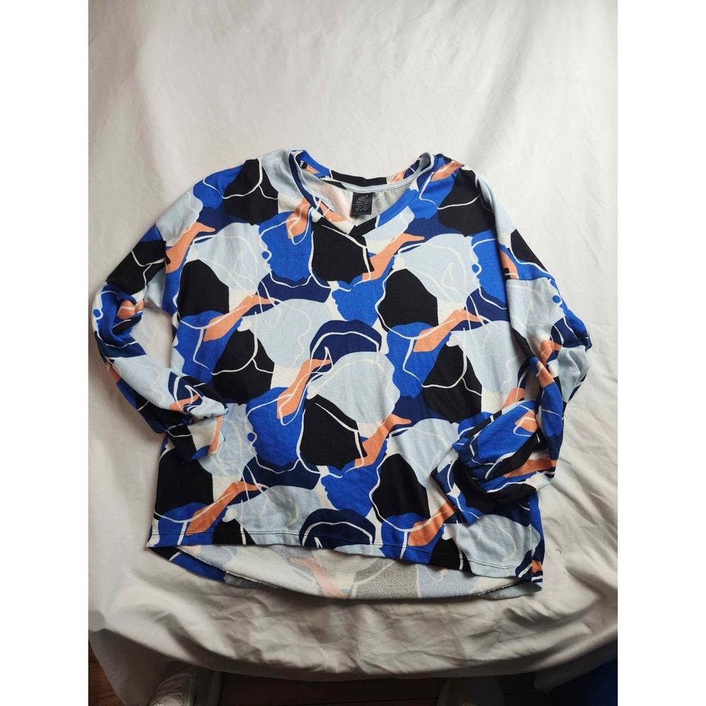 Lildy Super Soft Lounge Top Shirt Womens S/M Blue Abstract Print Long Sleeve